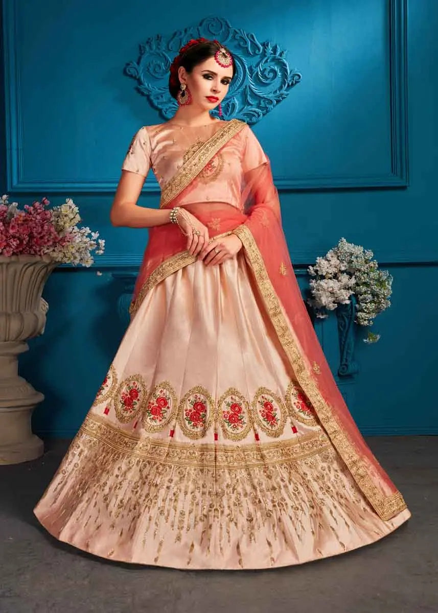 Peach color satin embroidery lehenga choli