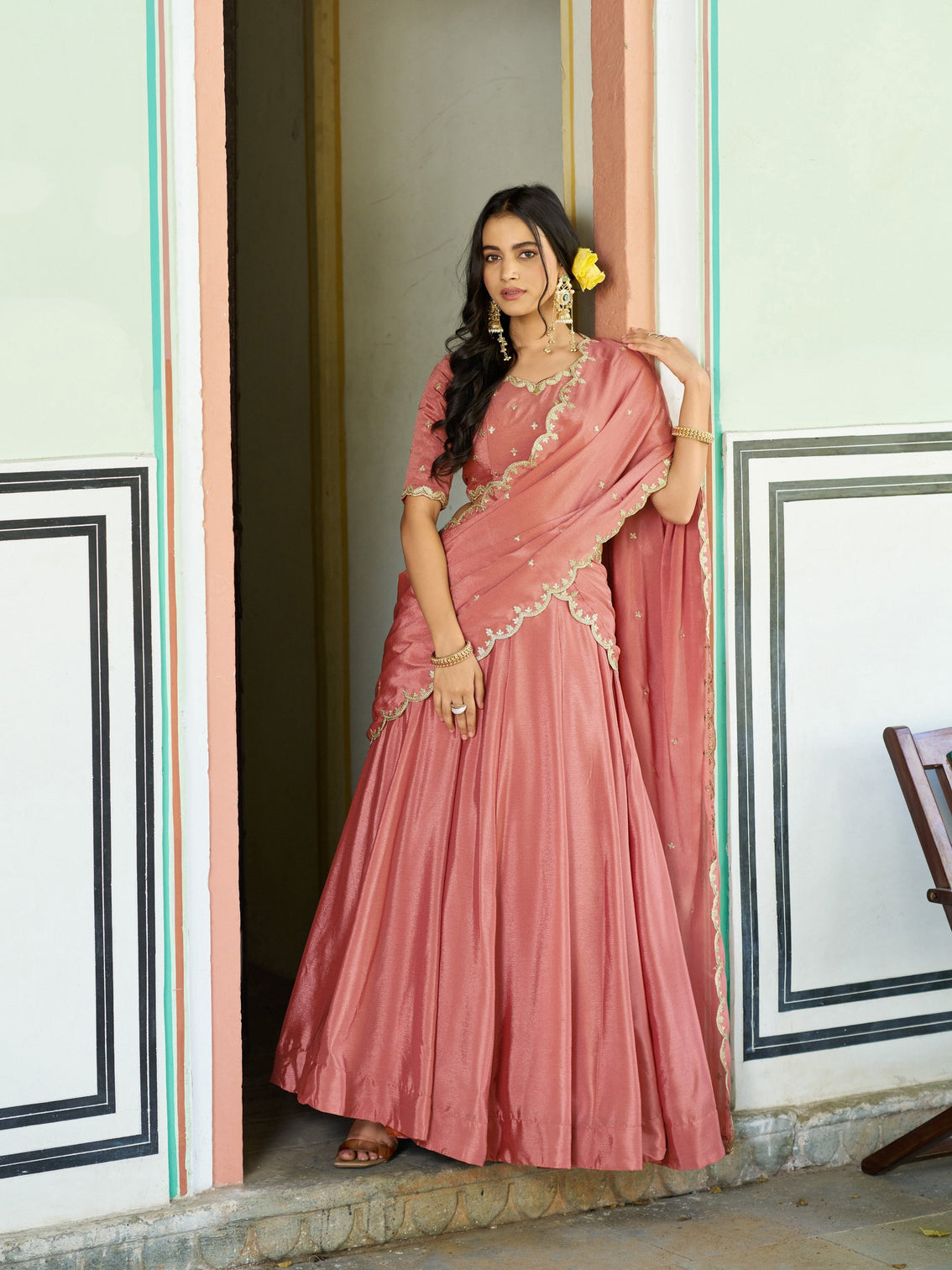 Ethnic wear embroidery chinon lehenga