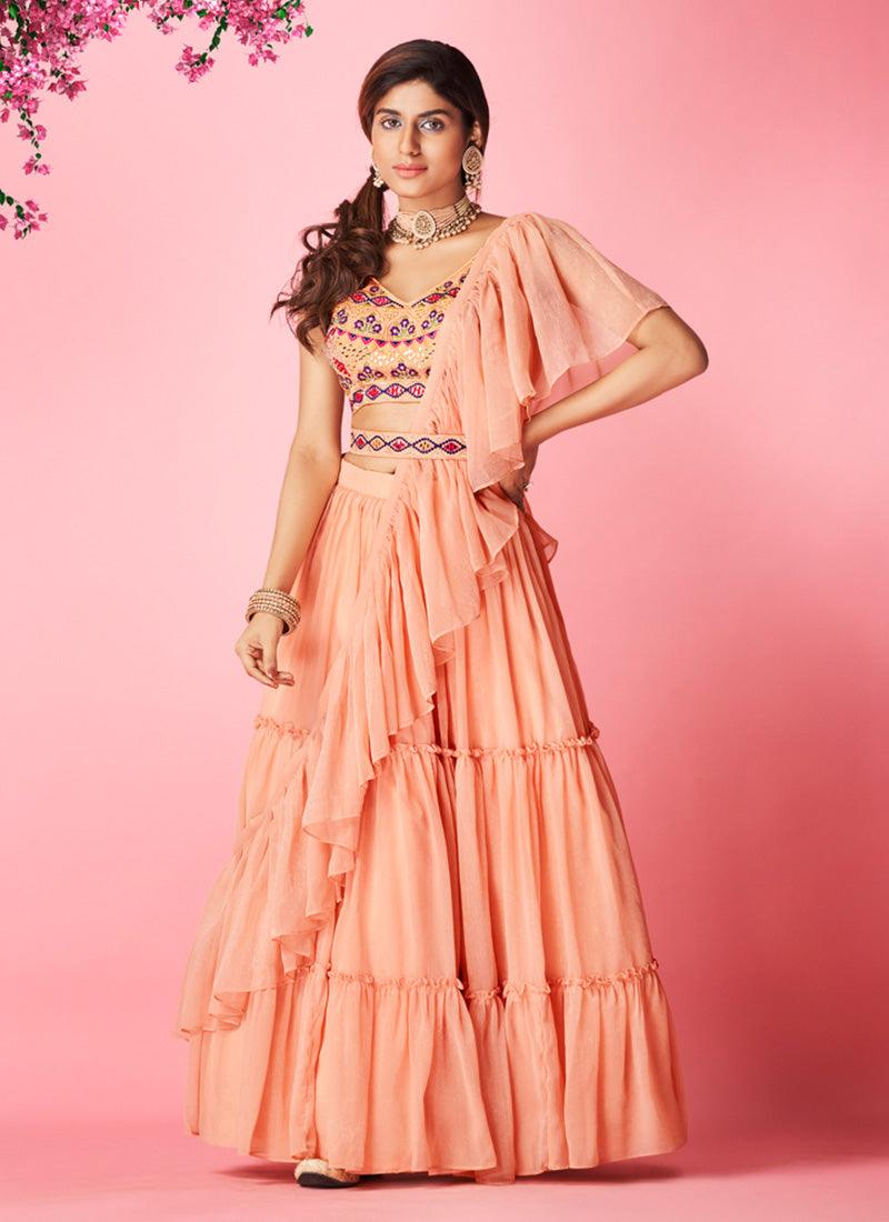 Peach Color Sleeveless Blouse With Chiffon Base Ruffle Lehenga