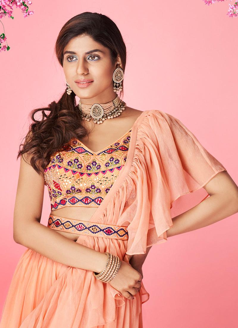 Peach Color Sleeveless Blouse With Chiffon Base Ruffle Lehenga