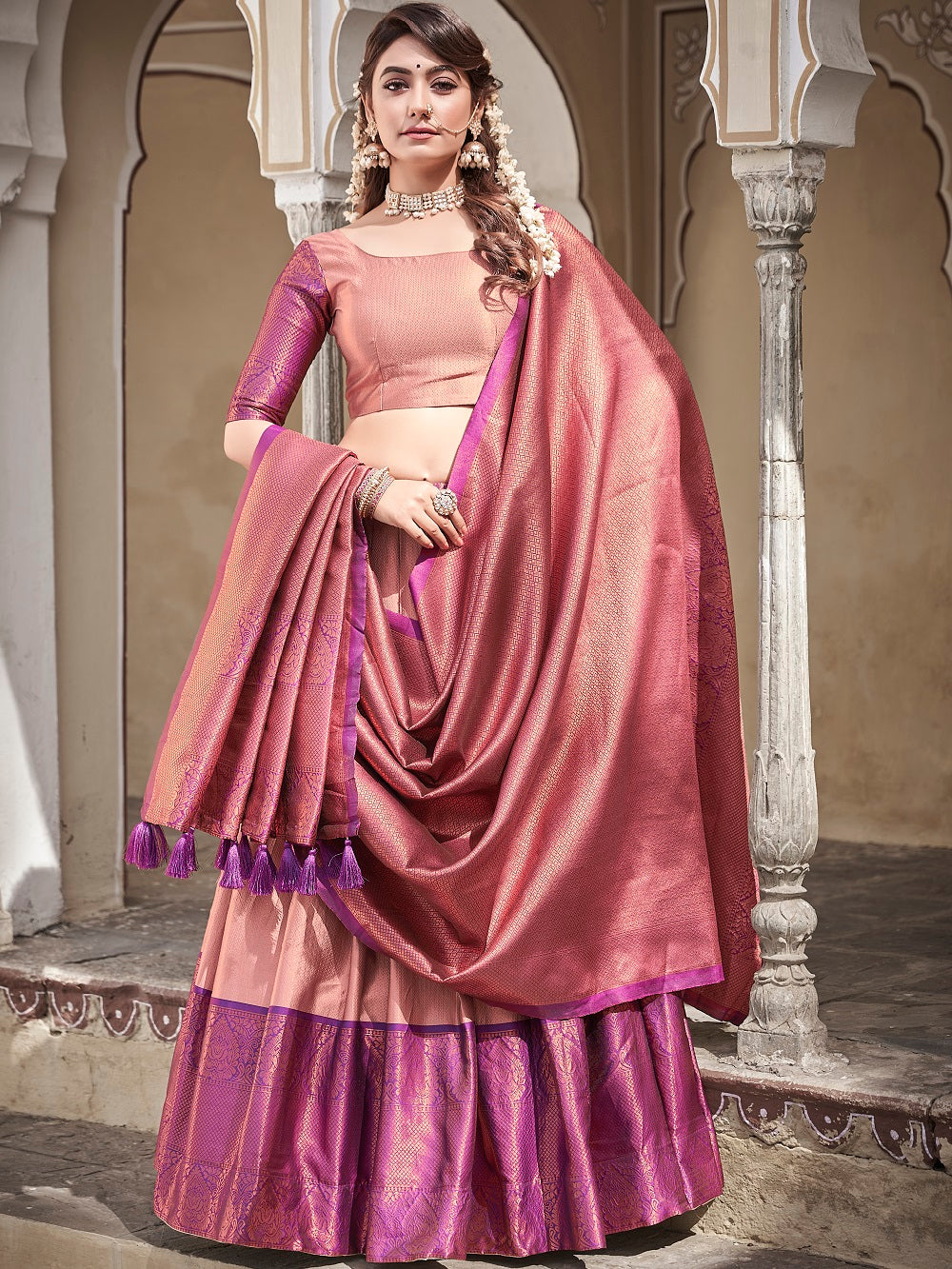 Peach Color Zari Weaving Work Jacquard Silk Dhavani Set Lehenga Choli