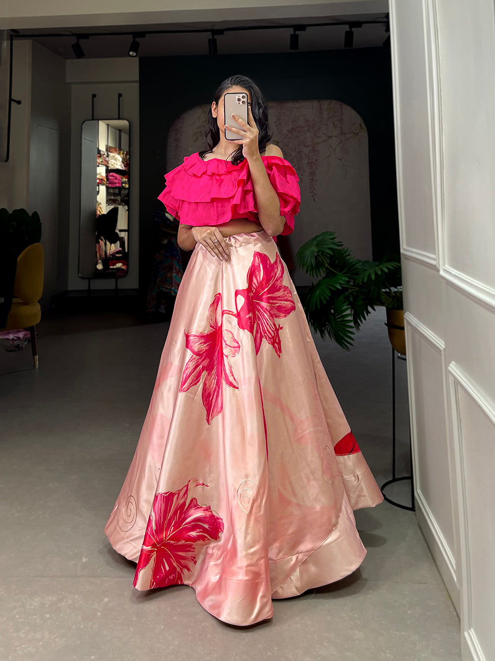 Peach Color Digital Print With Foil Work Zari Satin Co-ord Set Lehenga Choli