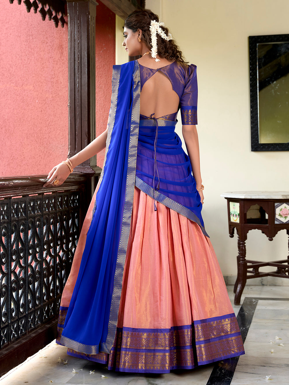 Peach color zari weaving work kanchipuram lehenga choli