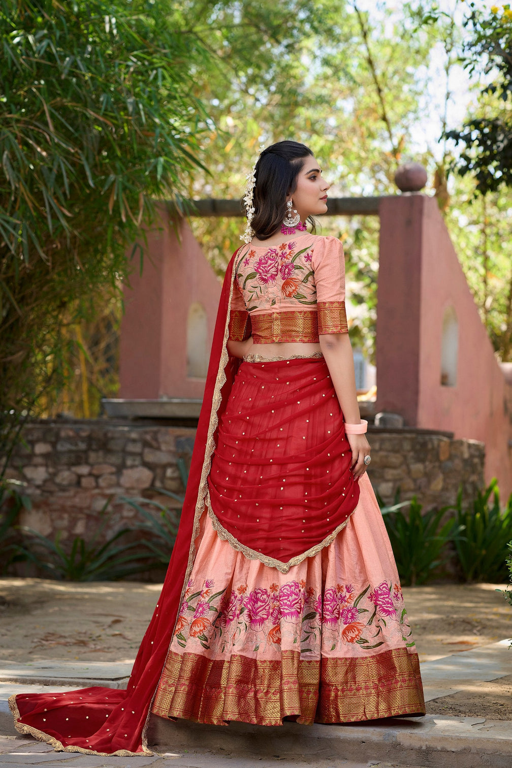 Peach Cotton Silk Lehenga Choli with Thread Embroidery & Sequined Georgette Dupatta