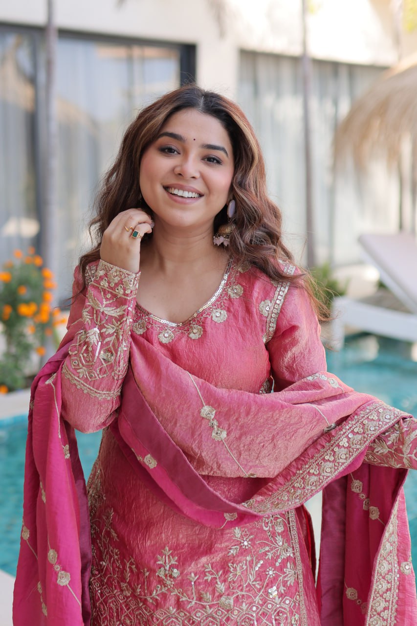 Peach Crush Embroidered Kurti Sharara Set