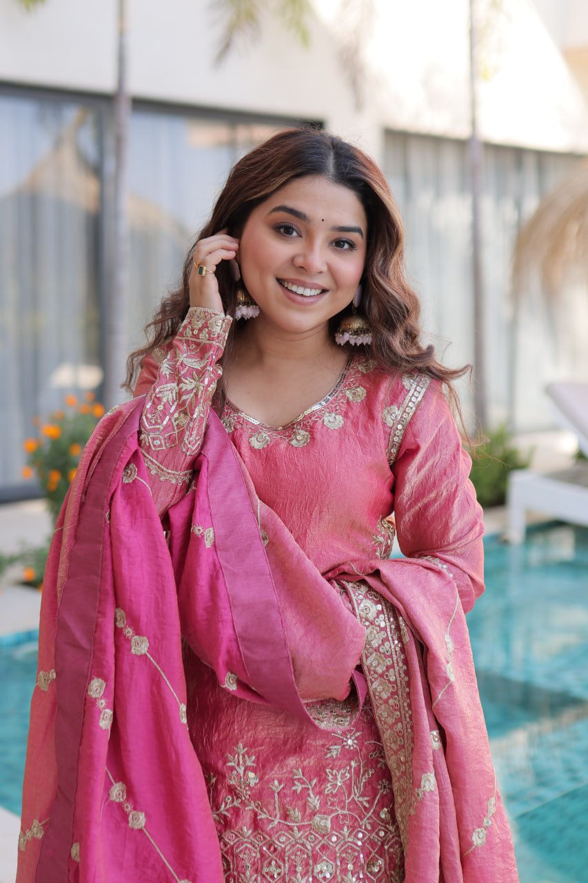 Peach Crush Embroidered Kurti Sharara Set