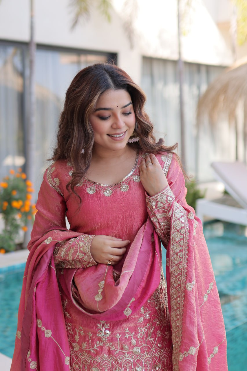 Peach Crush Embroidered Kurti Sharara Set