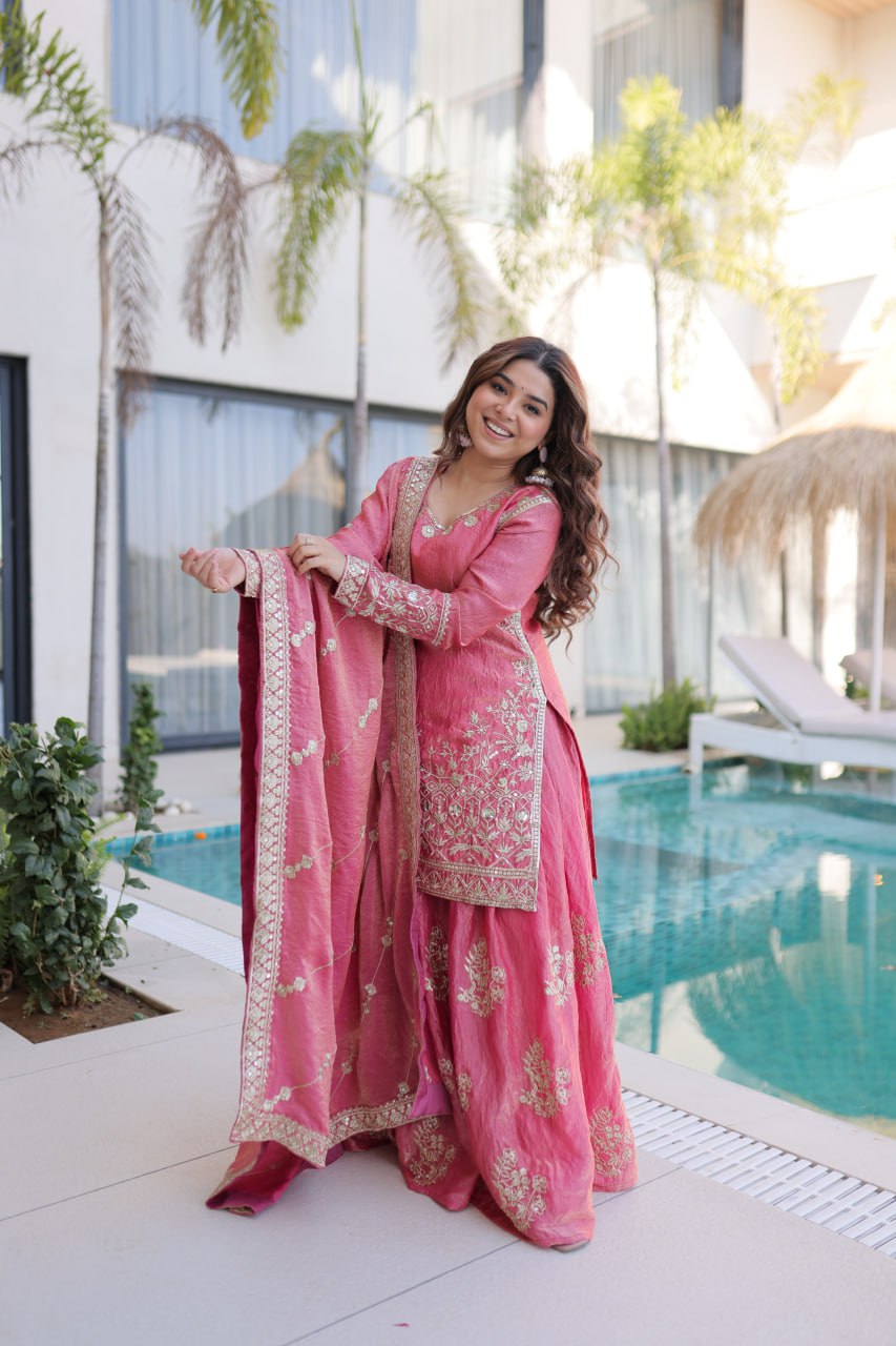 Peach Crush Embroidered Kurti Sharara Set