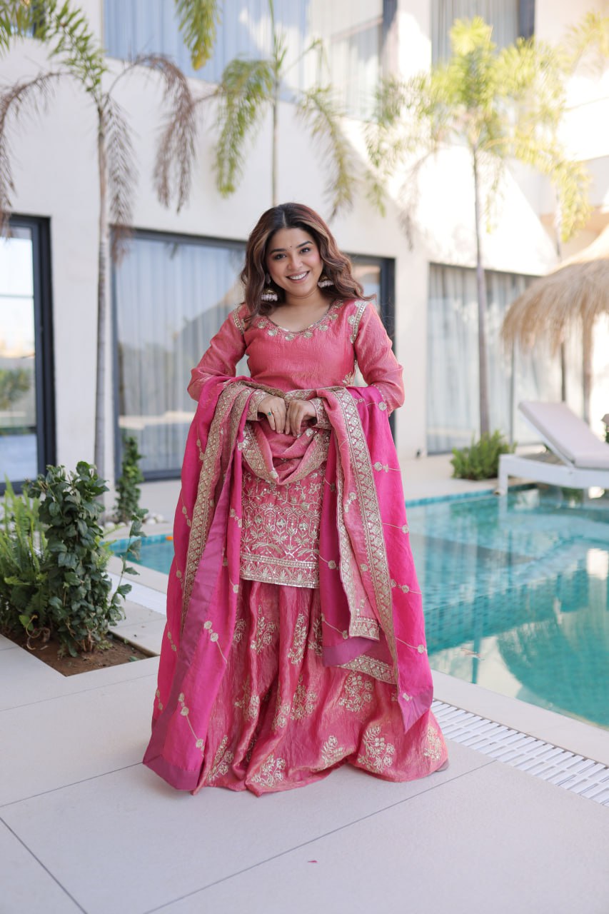 Peach Crush Embroidered Kurti Sharara Set