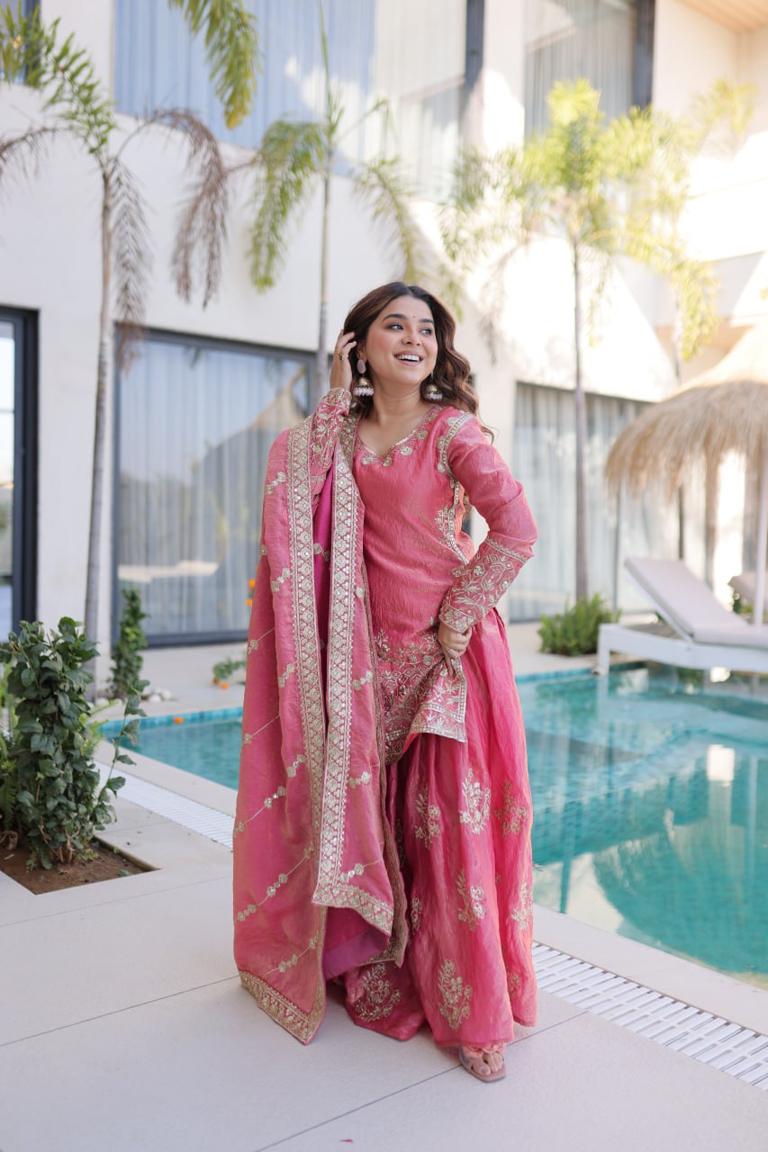Peach Crush Embroidered Kurti Sharara Set