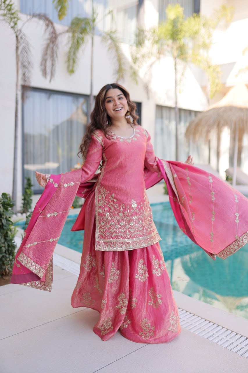 Peach Crush Embroidered Kurti Sharara Set