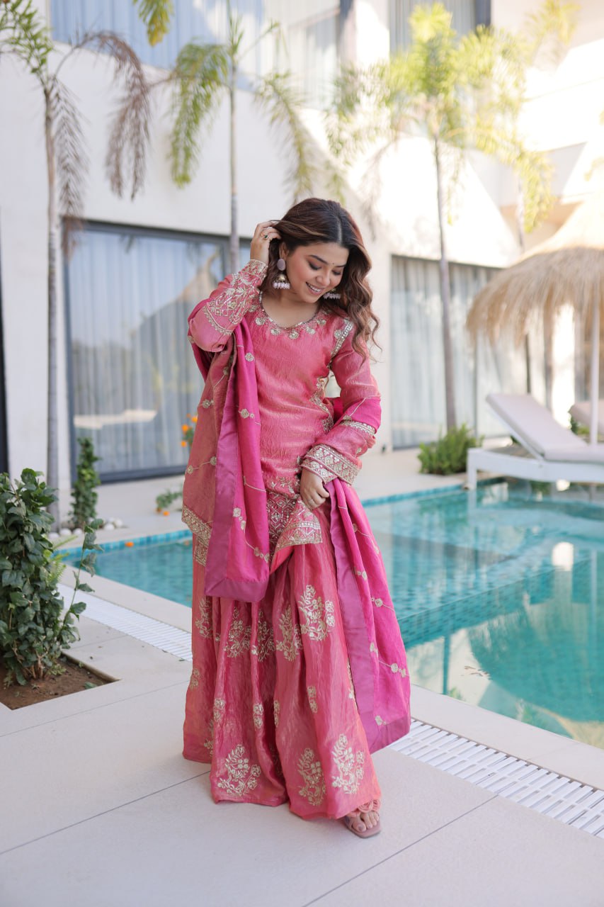 Peach Crush Embroidered Kurti Sharara Set