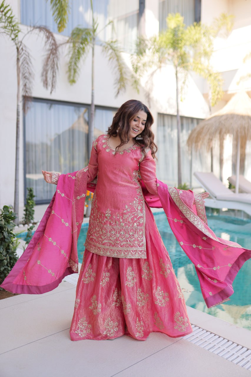Peach Crush Embroidered Kurti Sharara Set