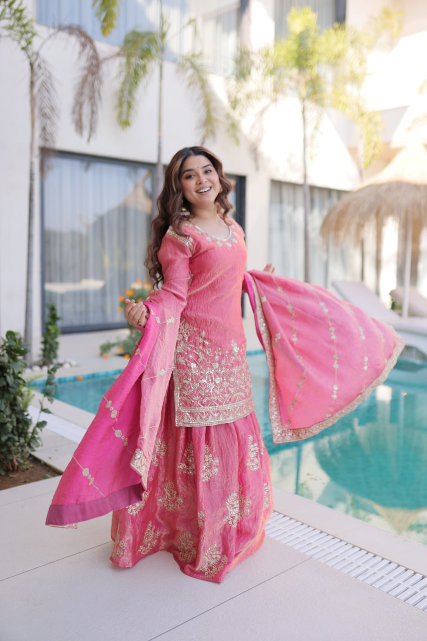 Peach Crush Embroidered Kurti Sharara Set