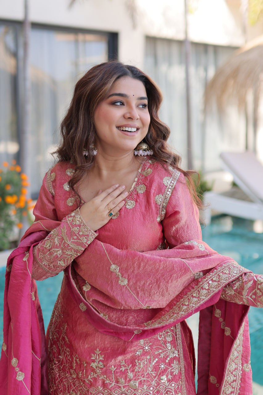 Peach Crush Embroidered Kurti Sharara Set