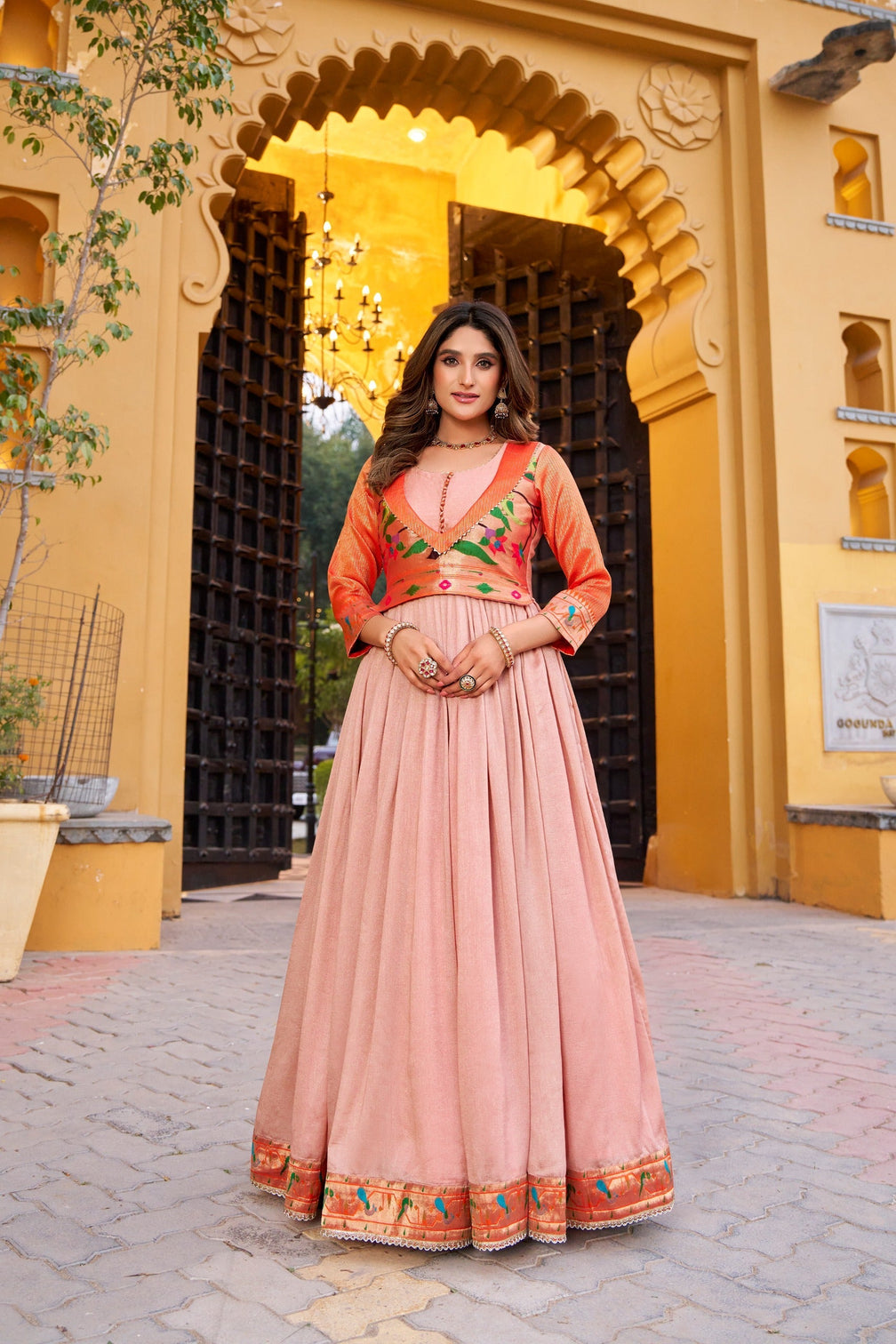 Peach Designer Zari Work Full Gown