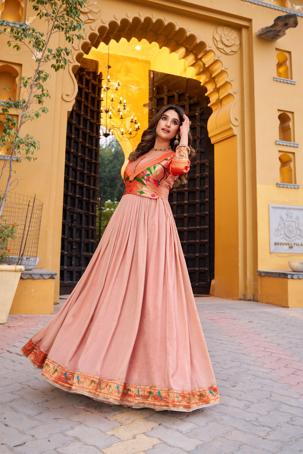 Peach Designer Zari Work Full Gown