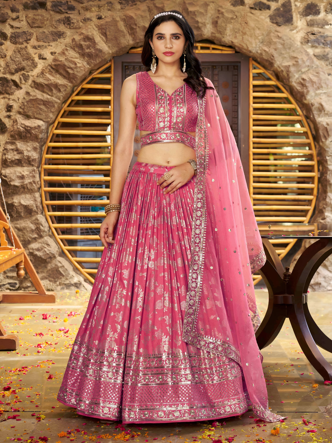 Peach Dola Silk Jacquard Embroidered Lehenga Choli