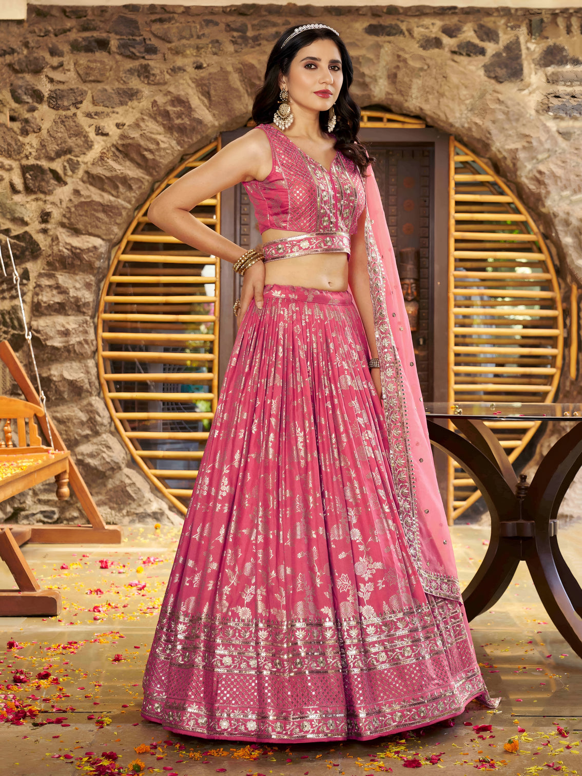 Peach Dola Silk Jacquard Embroidered Lehenga Choli