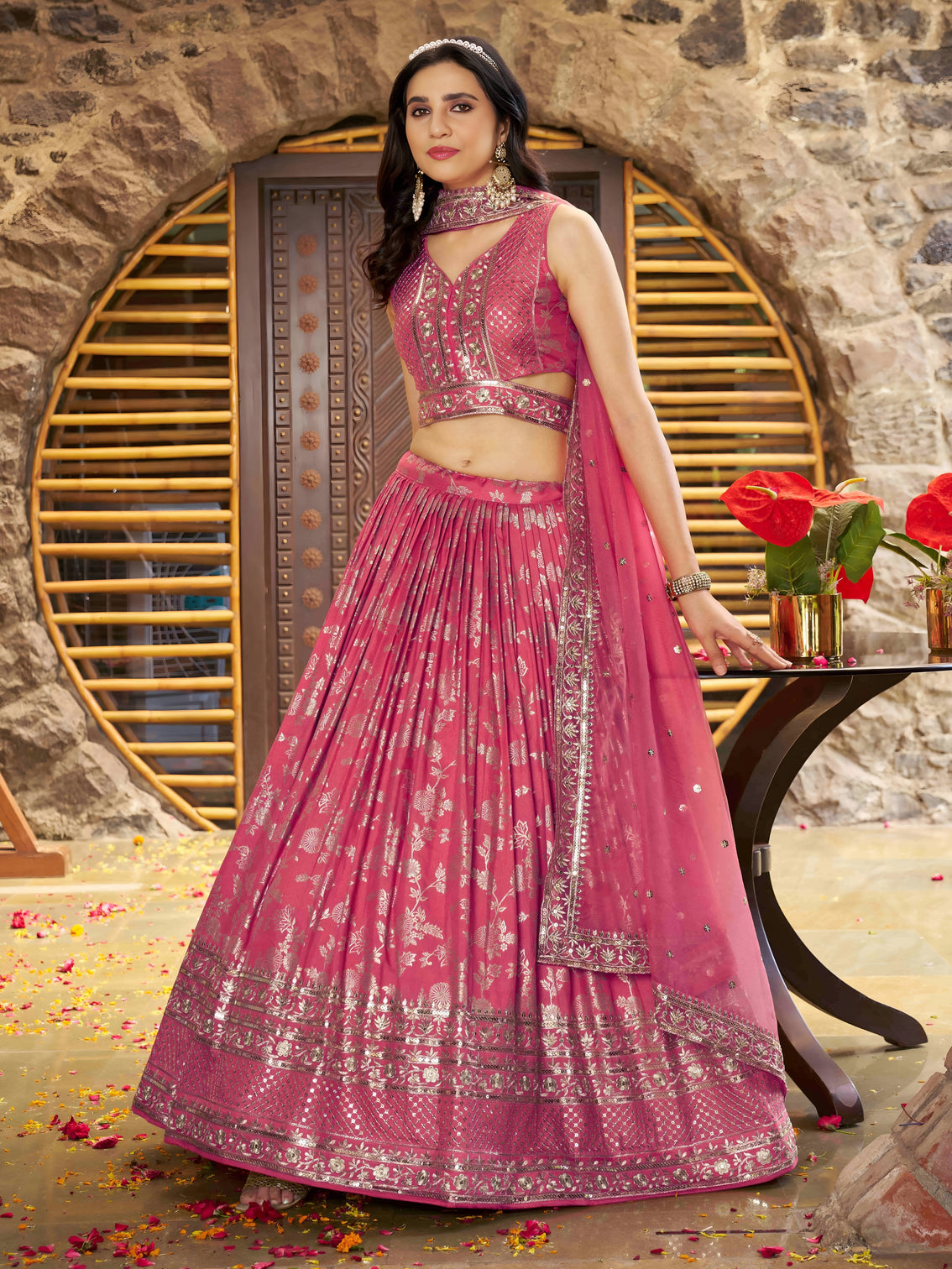 Peach Dola Silk Jacquard Embroidered Lehenga Choli