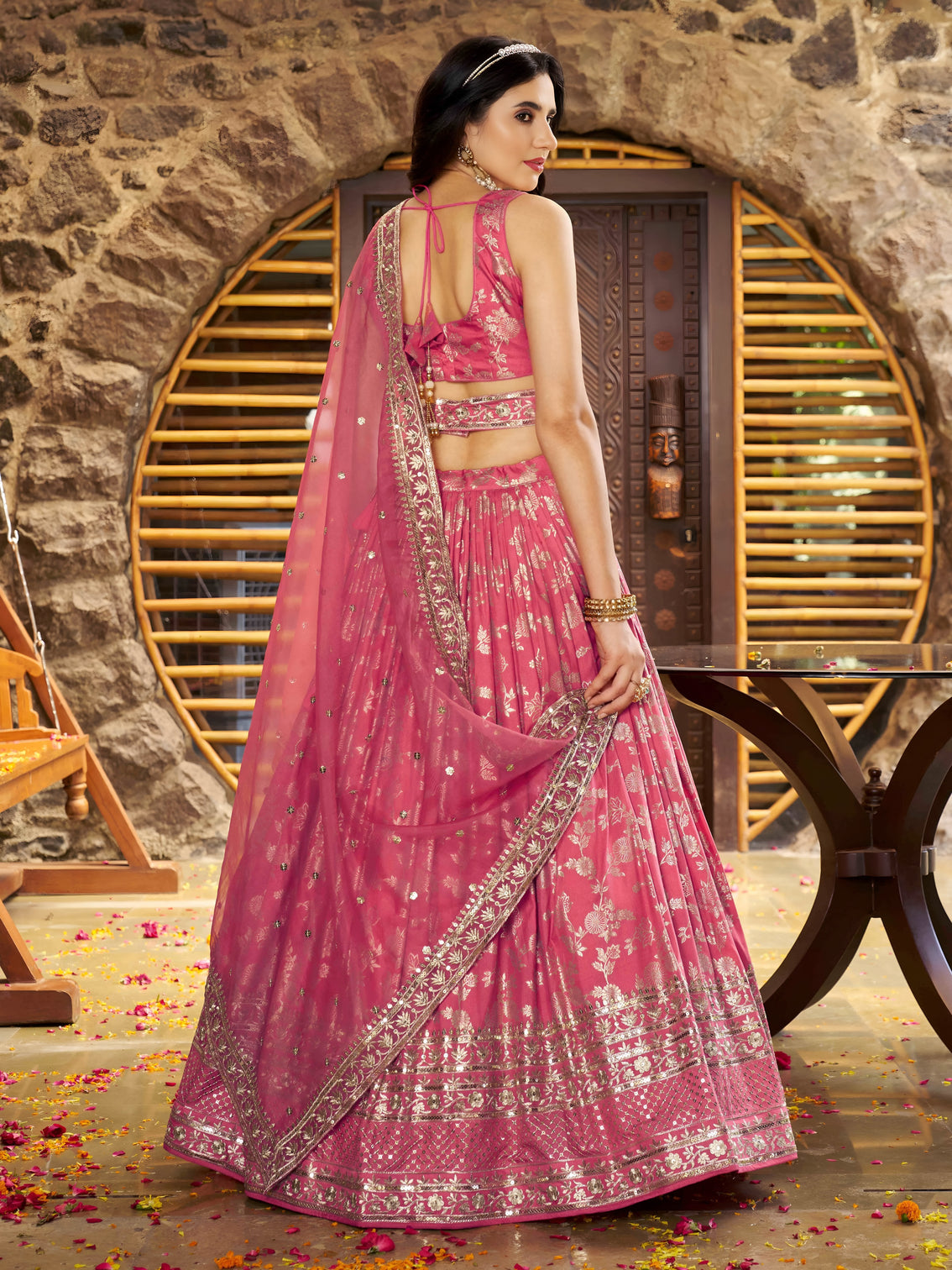 Peach Dola Silk Jacquard Embroidered Lehenga Choli