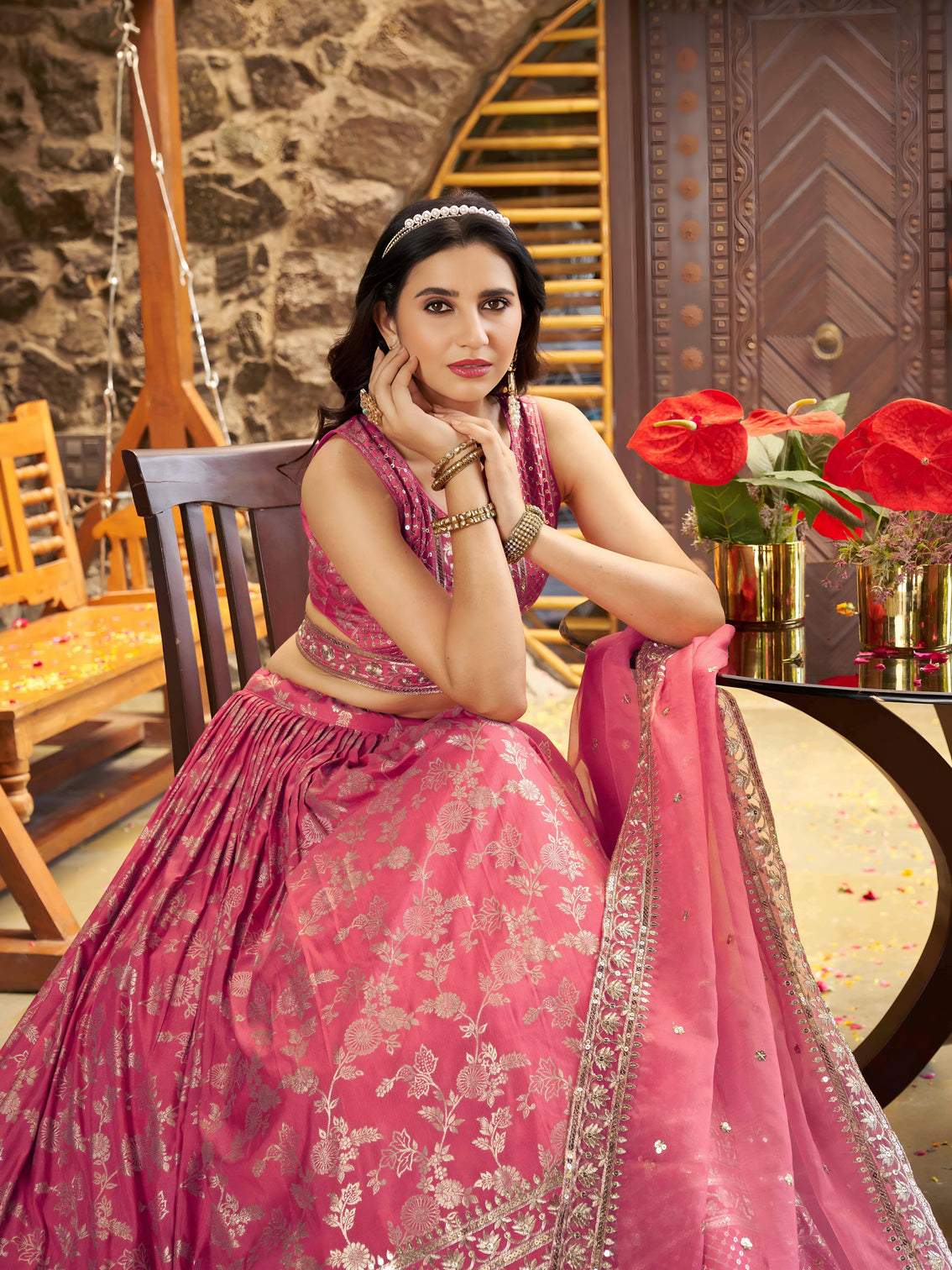 Peach Dola Silk Jacquard Embroidered Lehenga Choli