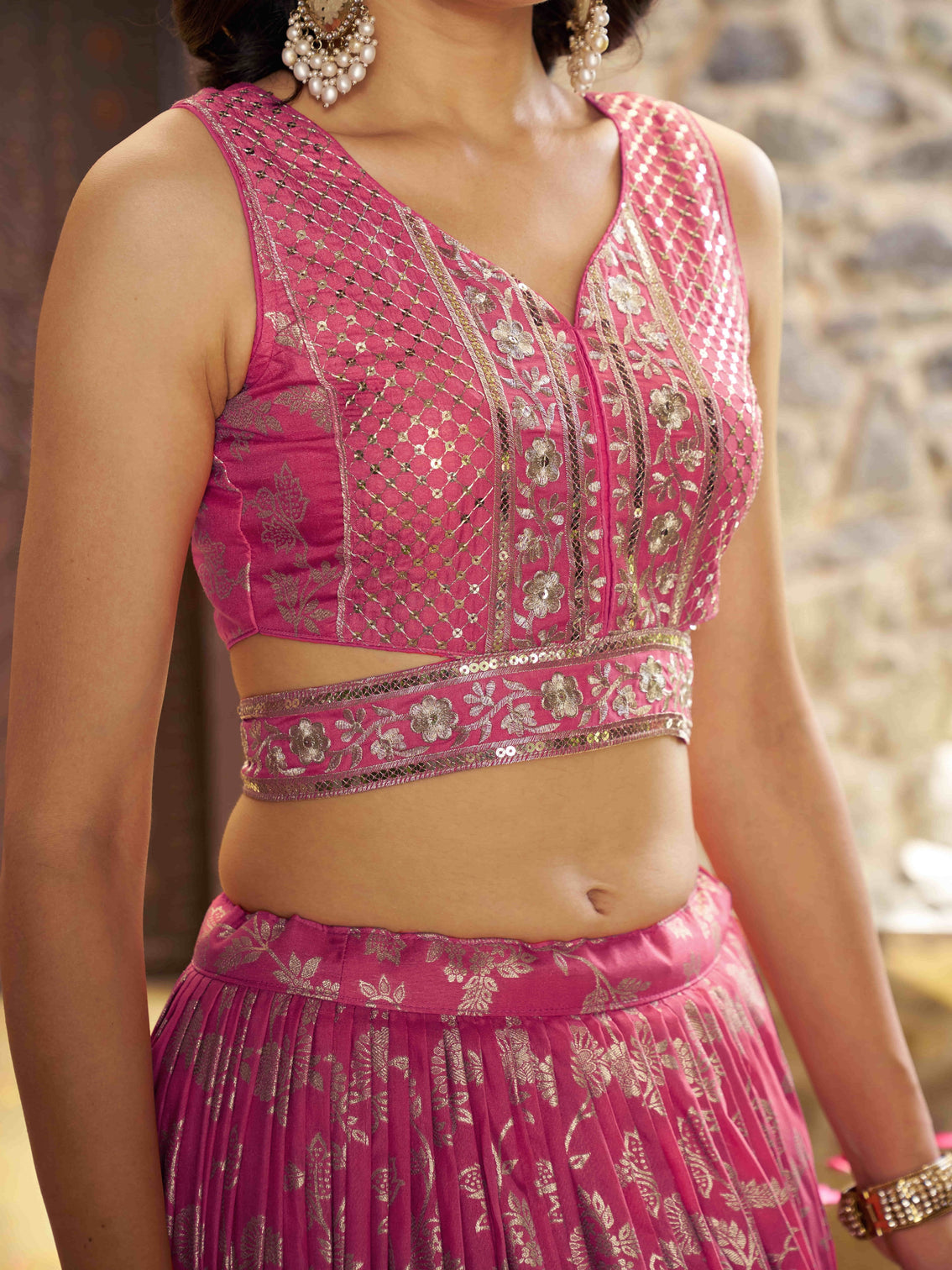 Peach Dola Silk Jacquard Embroidered Lehenga Choli