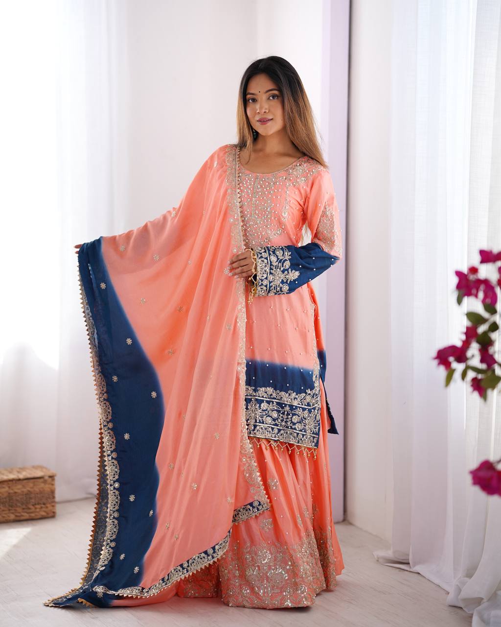 Peach Elegant Chinon Silk Ensemble – Top, Plazo & Dupatta