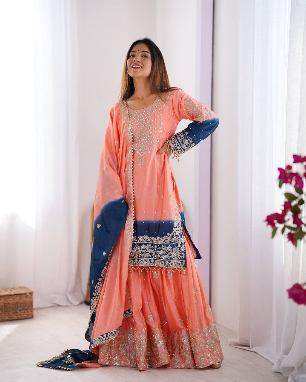 Peach Elegant Chinon Silk Ensemble – Top, Plazo & Dupatta