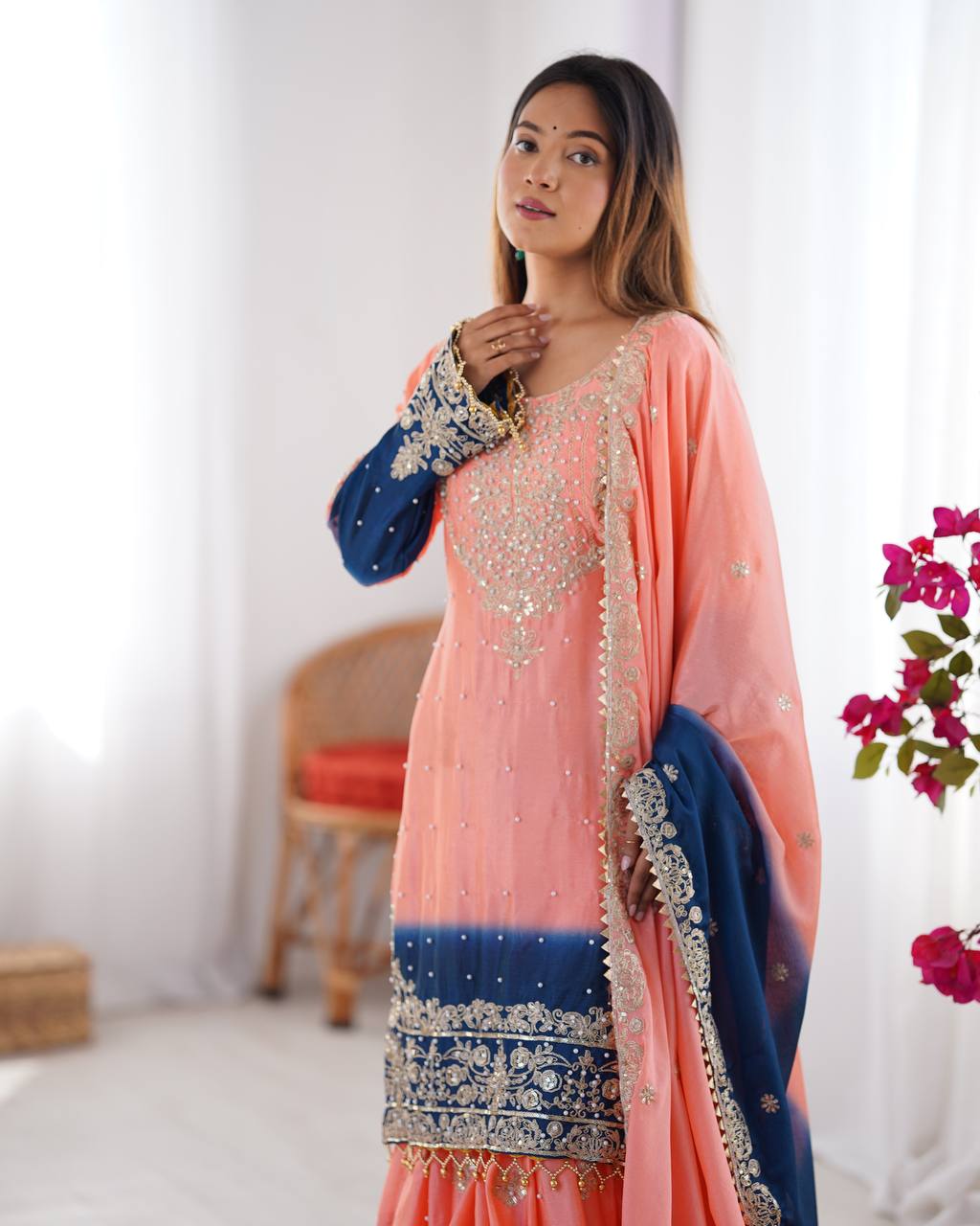 Peach Elegant Chinon Silk Ensemble – Top, Plazo & Dupatta