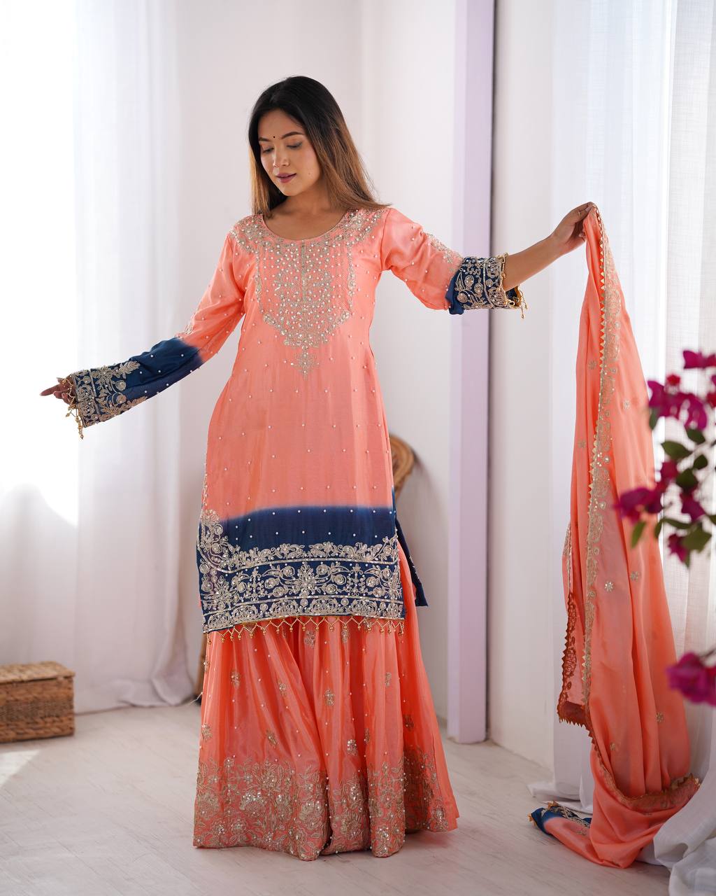 Peach Elegant Chinon Silk Ensemble – Top, Plazo & Dupatta