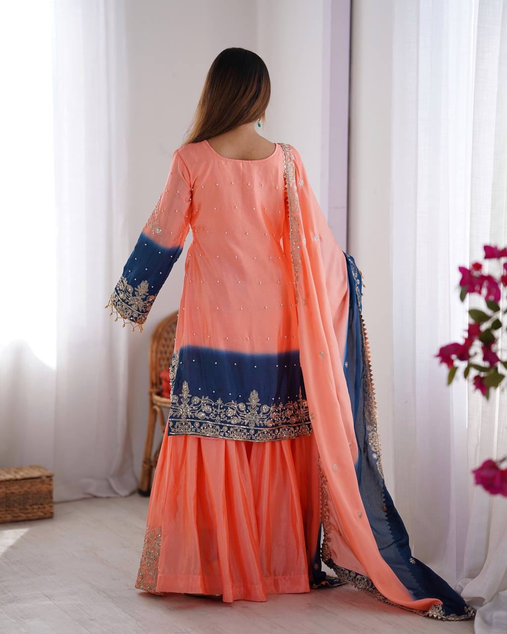 Peach Elegant Chinon Silk Ensemble – Top, Plazo & Dupatta
