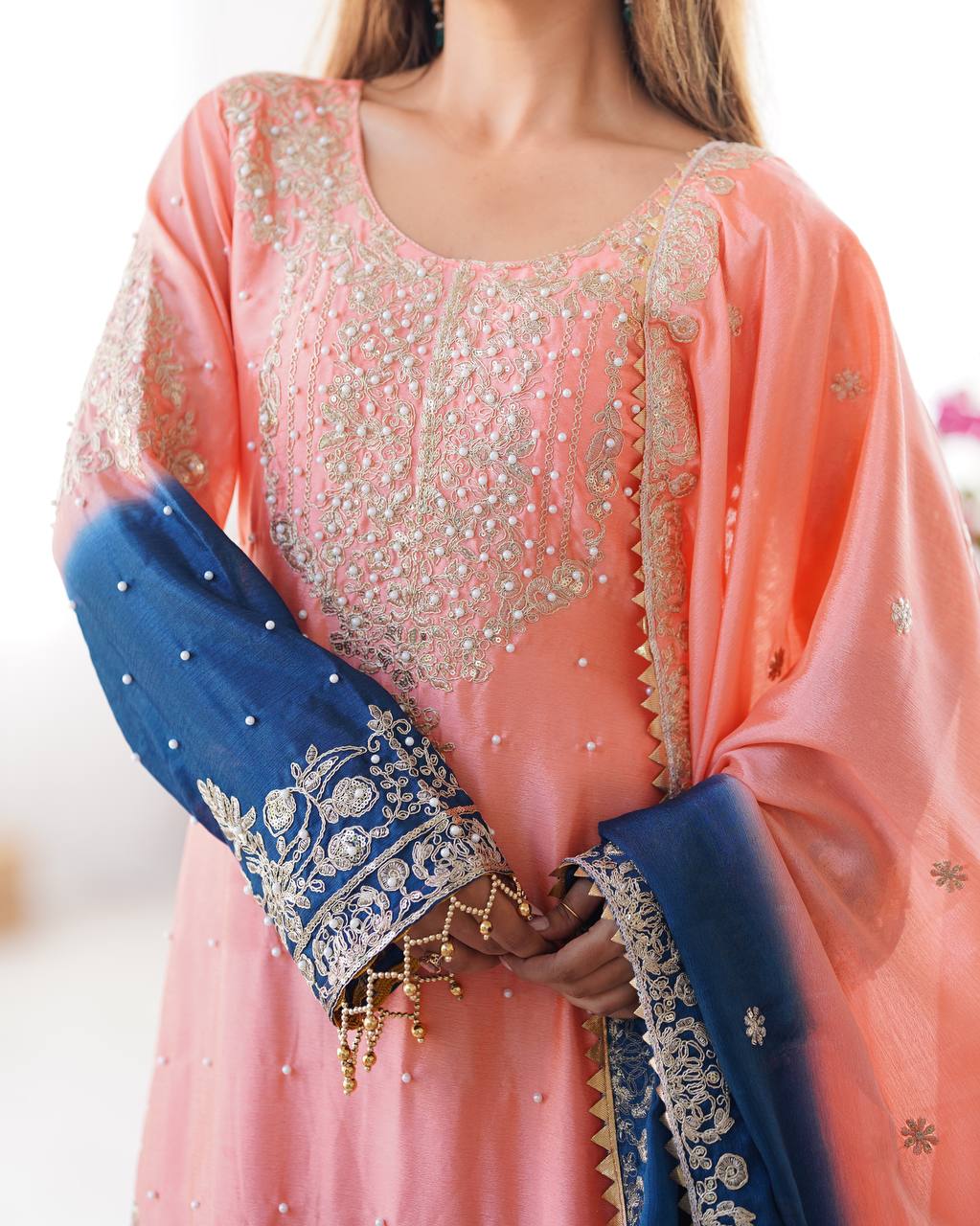 Peach Elegant Chinon Silk Ensemble – Top, Plazo & Dupatta
