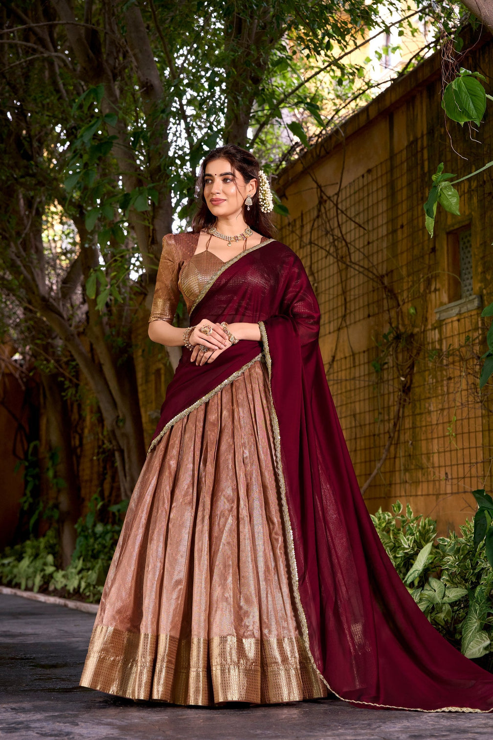 Peach Elegant Dupion Silk Stitched Lehenga with Zari Weaving Work, Unstitched Blouse & Zari Shimmer Dupatta