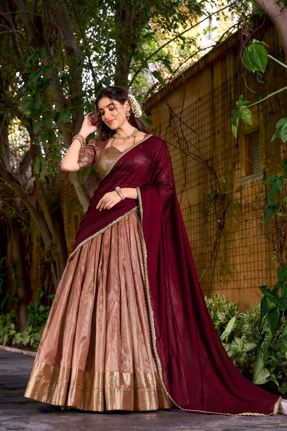 Peach Elegant Dupion Silk Stitched Lehenga with Zari Weaving Work, Unstitched Blouse & Zari Shimmer Dupatta
