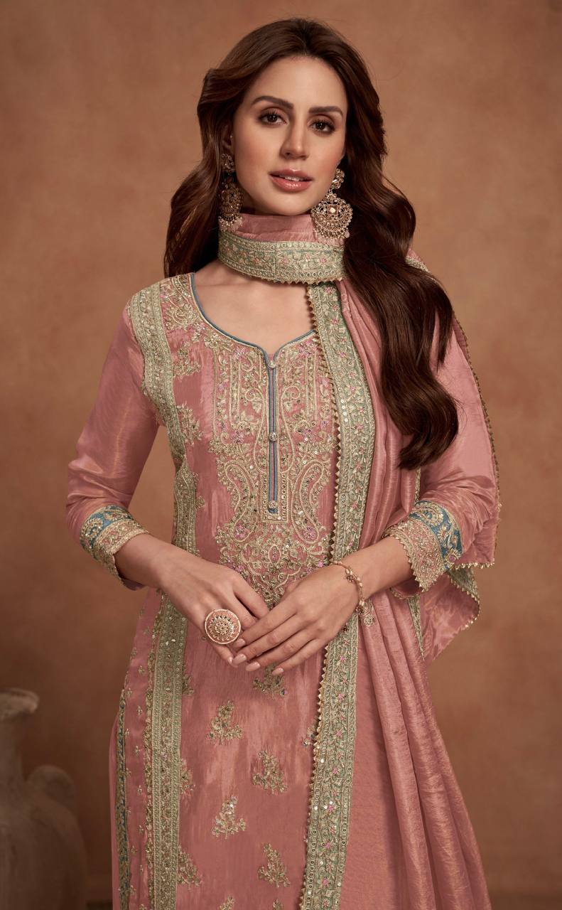 Peach Elegant Embroidered Chinon Top & Plazo Set with Dupatta