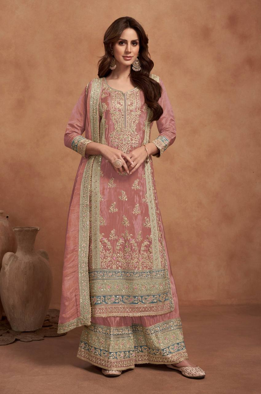 Peach Elegant Embroidered Chinon Top & Plazo Set with Dupatta
