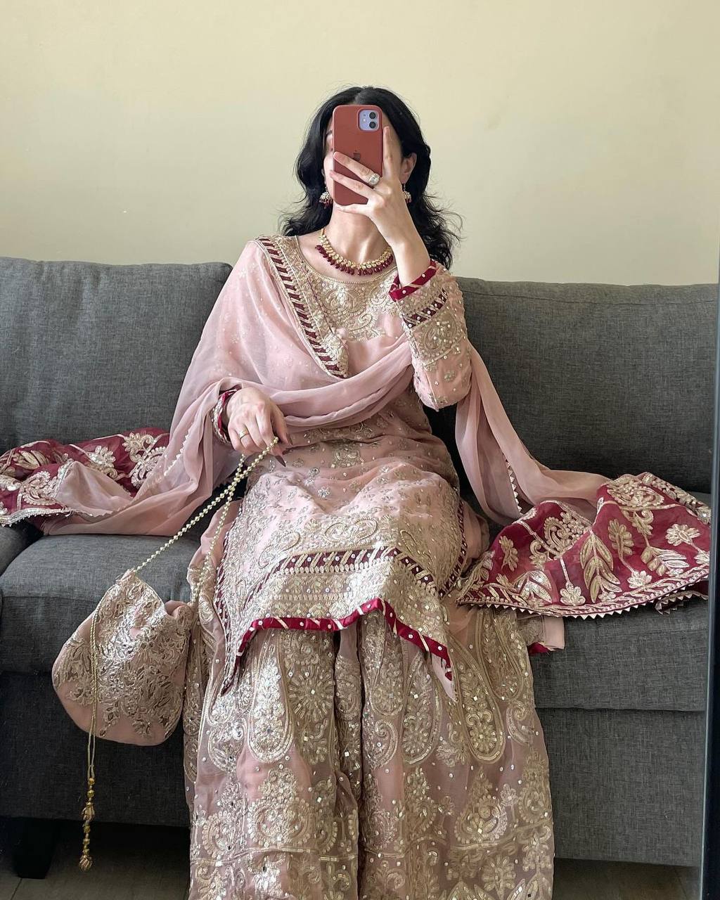 Peach Elegant Embroidered Sharara Set