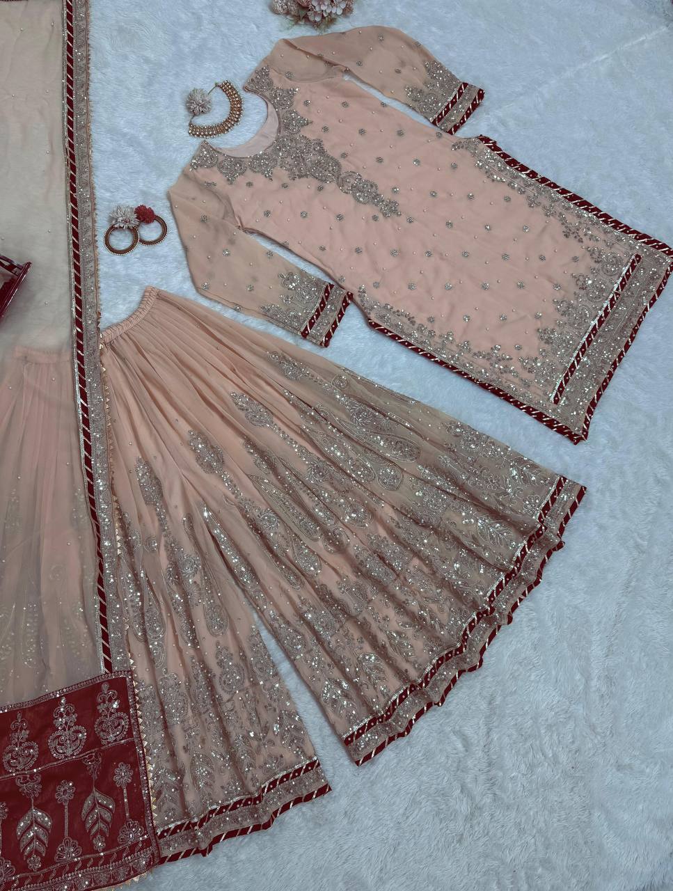 Peach Elegant Embroidered Sharara Set