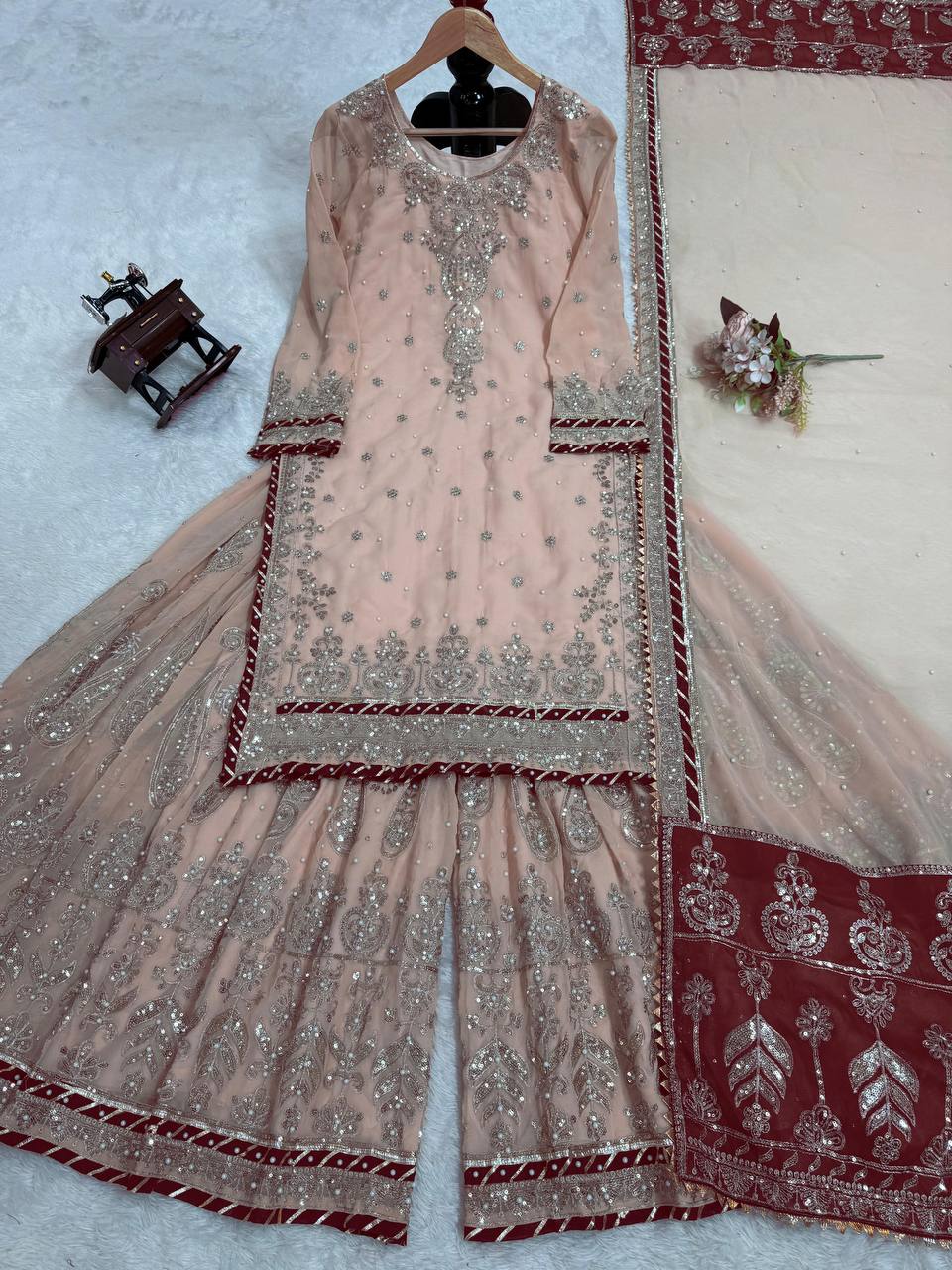 Peach Elegant Embroidered Sharara Set