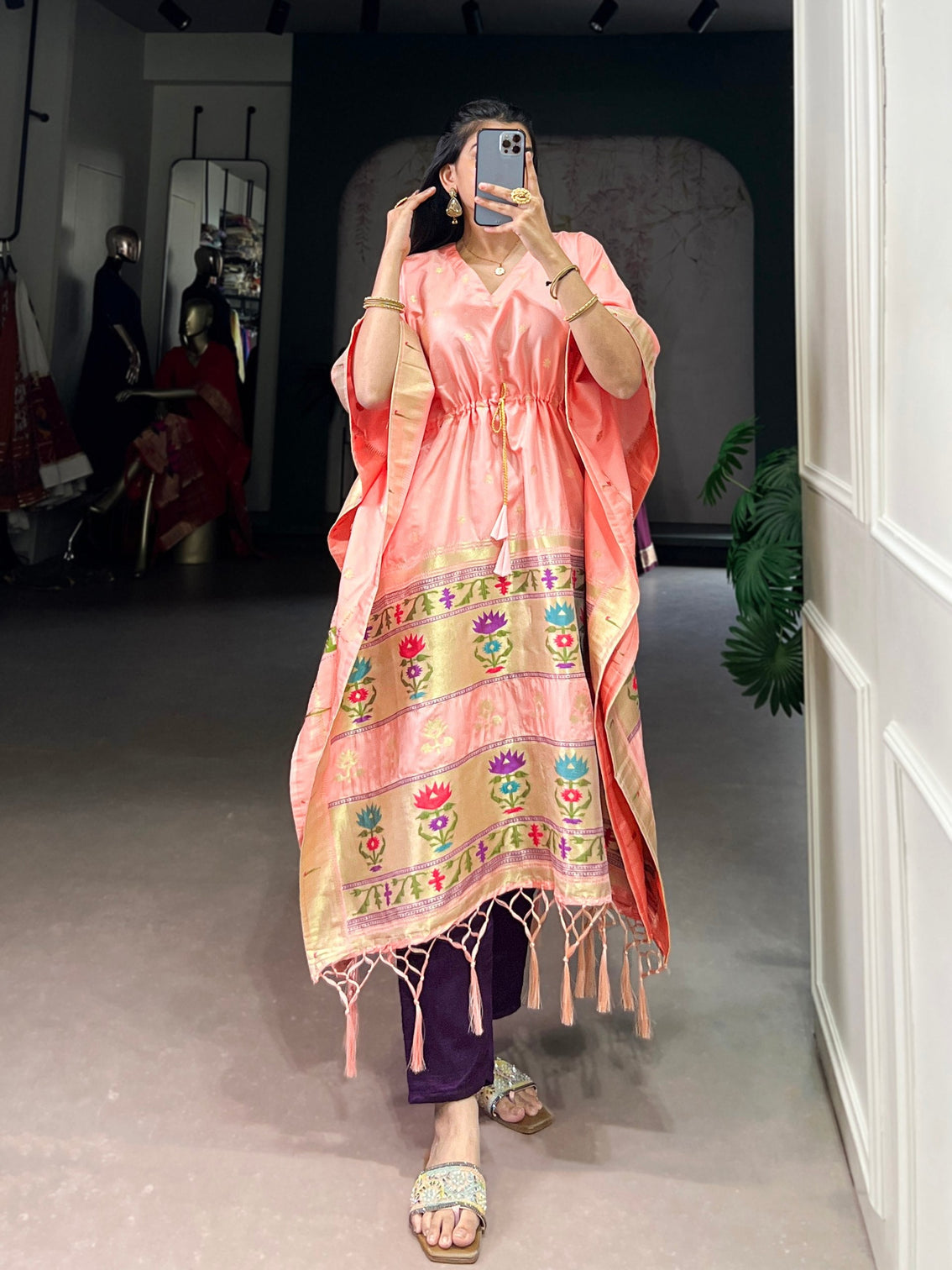 Peach Elegant Jacquard Paithani Kaftan with Zari Weaving Work