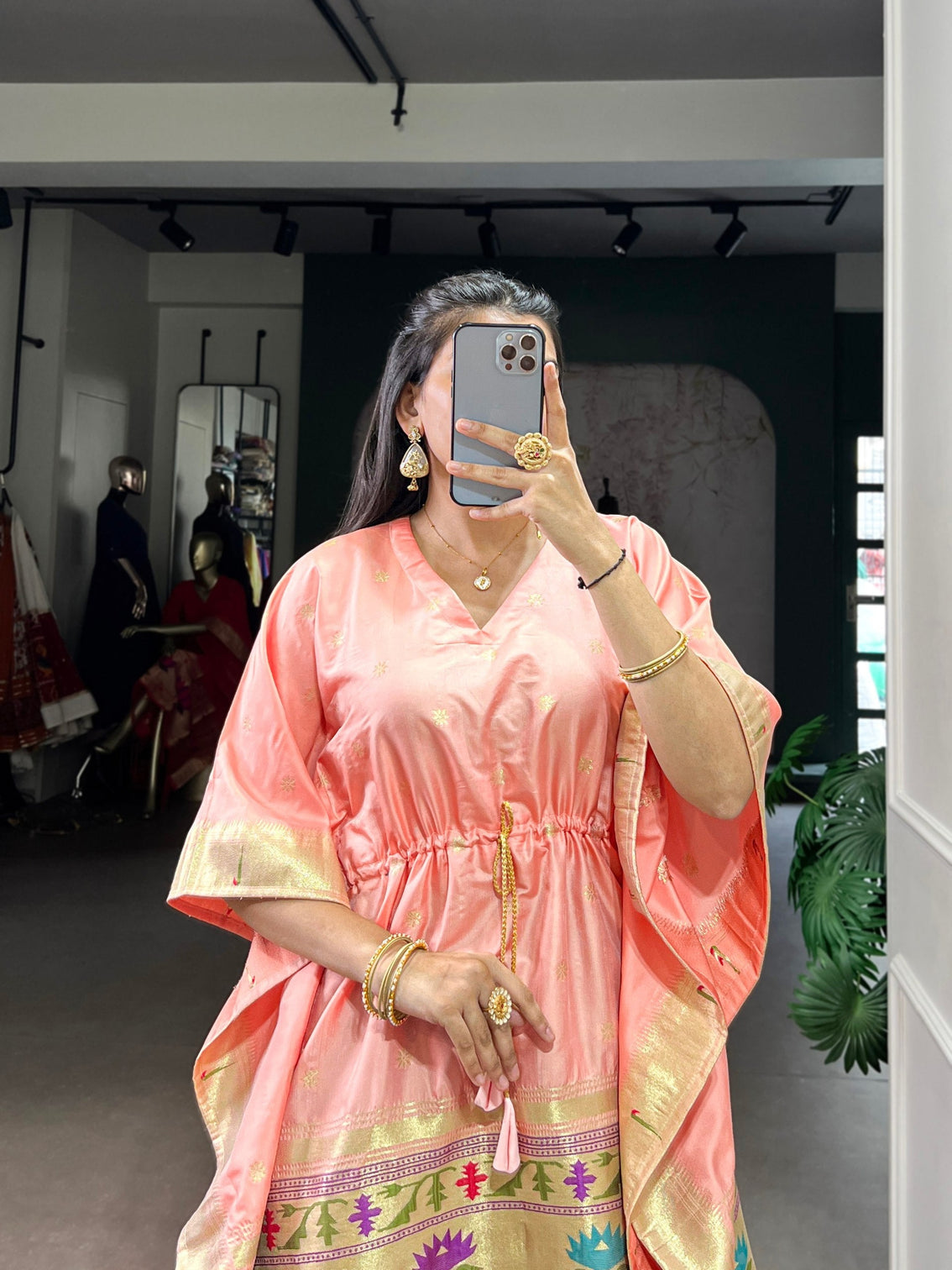 Peach Elegant Jacquard Paithani Kaftan with Zari Weaving Work