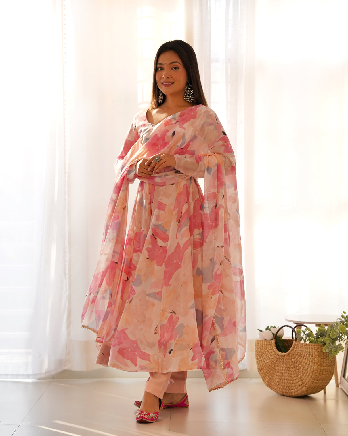 Peach Elegant Laheriya Print Multi-Floral Anarkali Set – Pure Fox Georgette | Wedding & Festive Wear