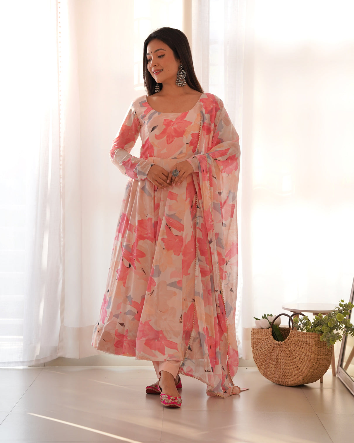 Peach Elegant Laheriya Print Multi-Floral Anarkali Set – Pure Fox Georgette | Wedding & Festive Wear