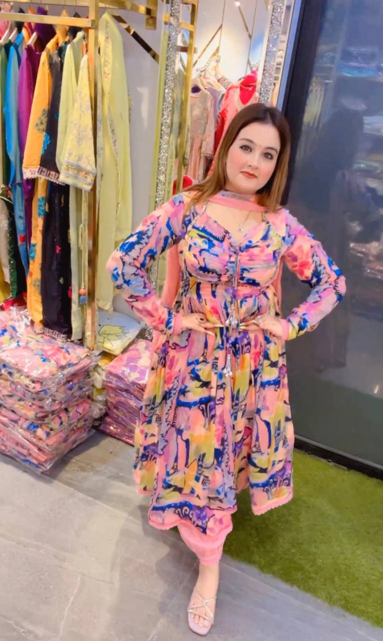Peach Elegant Padded Naira Cut Chinon Silk Printed Dress with Dupatta – Perfect for Festive and Party Wear