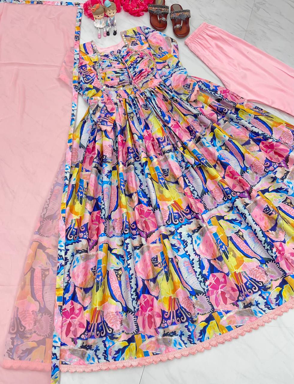 Peach Elegant Padded Naira Cut Chinon Silk Printed Dress with Dupatta – Perfect for Festive and Party Wear
