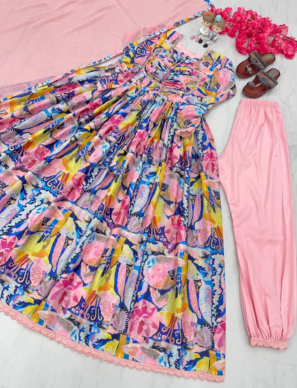 Peach Elegant Padded Naira Cut Chinon Silk Printed Dress with Dupatta – Perfect for Festive and Party Wear