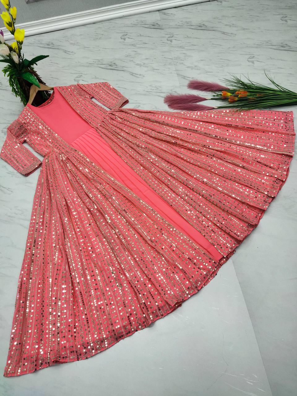 Peach Elegant Party Wear Gown & Long Koti Set with Embroidery and Sequins