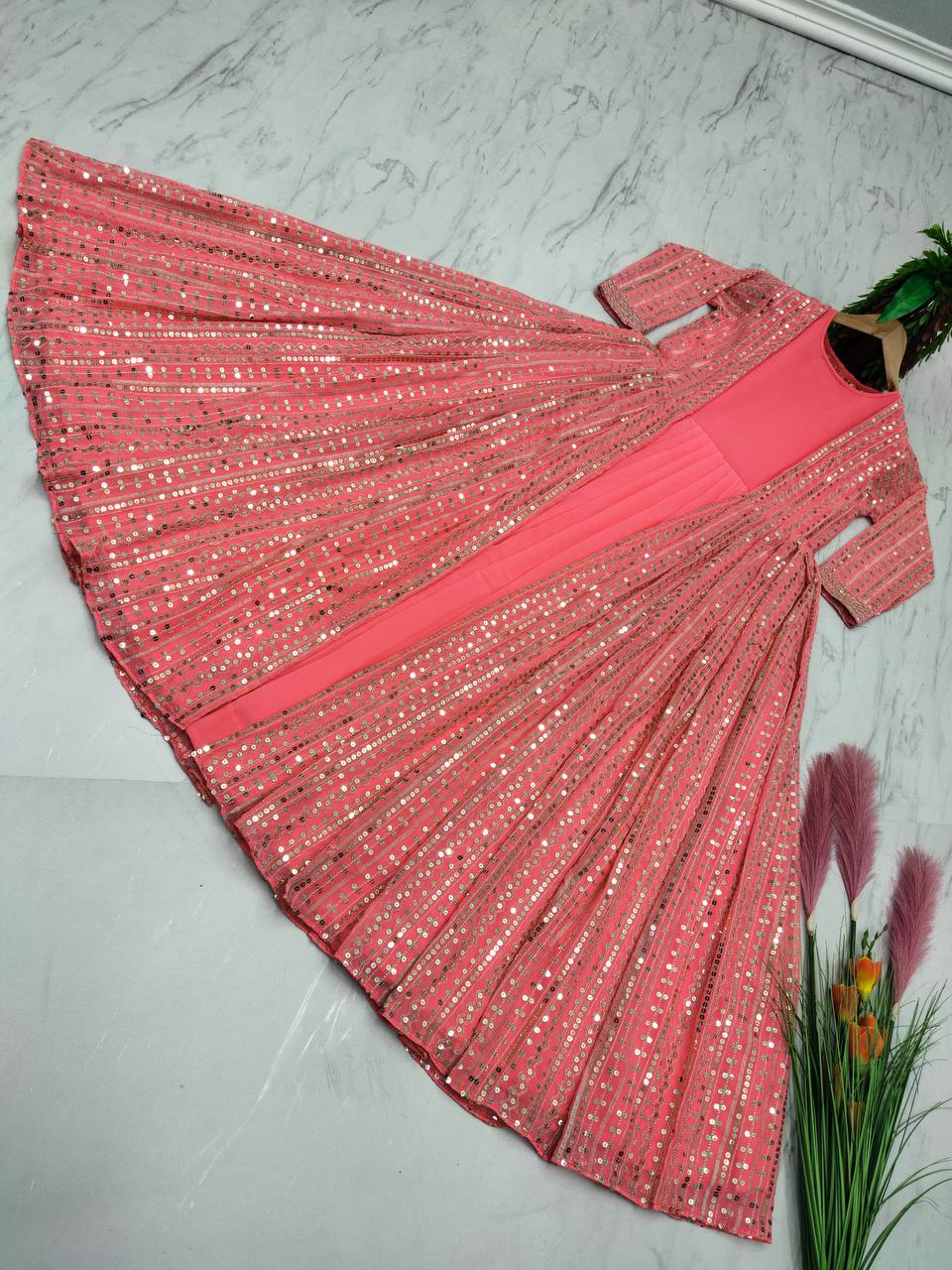 Peach Elegant Party Wear Gown & Long Koti Set with Embroidery and Sequins