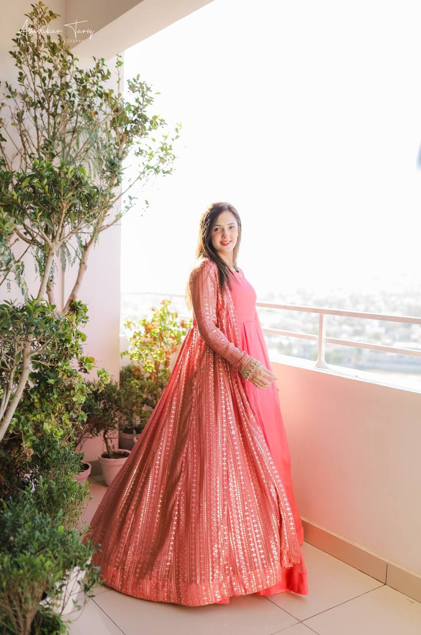 Peach Elegant Party Wear Gown & Long Koti Set with Embroidery and Sequins